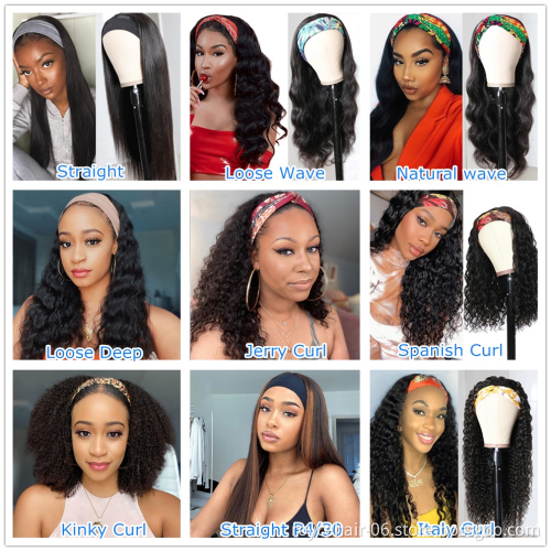 Machine Made No Lace Wigs No Glue and No Sew In More HairHuman Hair Headband Scarf Wig for American American Women